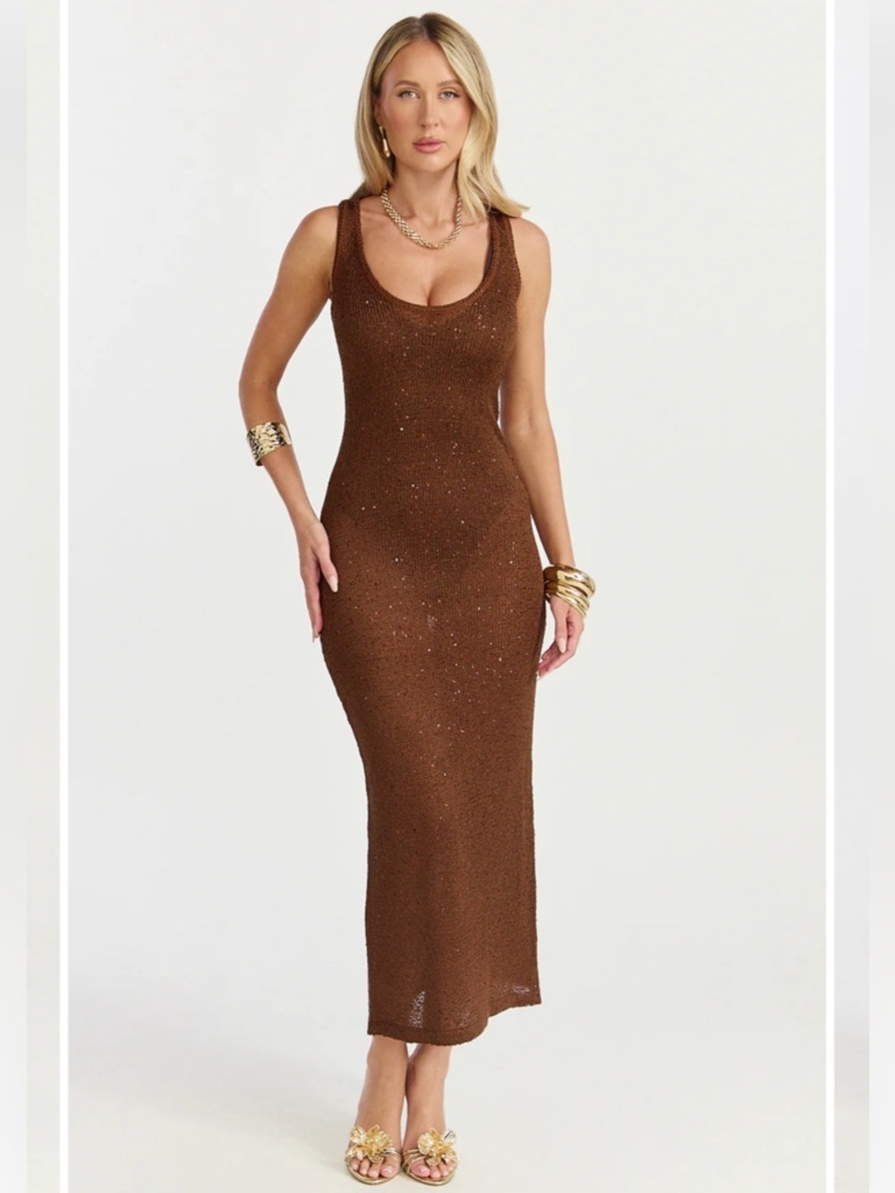 Showpo Jenna Maxi Dress Scoop Neck Sleeveless Sequin Knit Dress In Chocolate - Picture 1 of 12